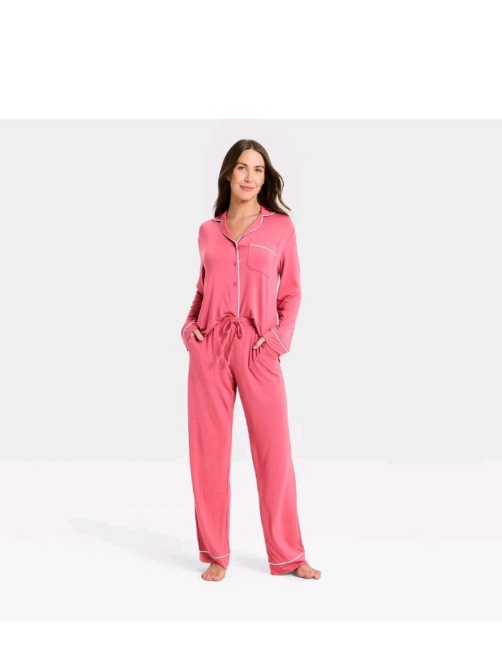 Women's Pink Cloud Knit Modal Long-Sleeve Pajama Set with Contrast Piping